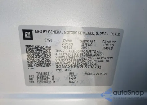 2020 Chevrolet Equinox Fwd Lt 1.5L Turbo z USA, uszkodzony, nr VIN 3GNAXKEV2LS702731